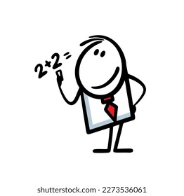 Young smart teacher wrote a mathematical example on the wall and shows his solution. Vector illustration of a lesson at school or business strategy.