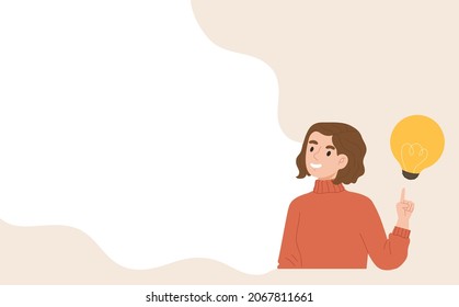 Young smart woman with bright light bubble on blank space for message. Template for business idea, presentation. Concept of thinking, brainstorm, creativity, creative idea. Flat vector illustration.