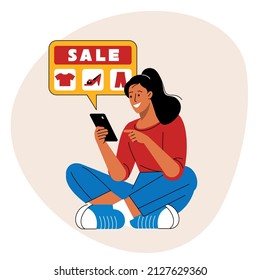 Young smart woman doing shopping online. Buyer using smartphone to make purchases and bookings. Flat vector illustration isolated on white background.