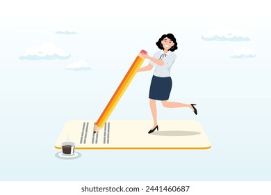 Young smart woman freelance holding big pencil thinking and writing content on notepad paper with cup of coffee, content writer, blogger, bullet journalist or publishing editor (Vector)