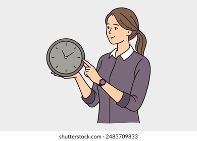 Young smart woman hand on clock line with vector illustration on white background.