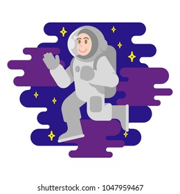 Young smile cute cosmonaut astronaut in spacesuit which fly in free space between stars cosmic clouds. Flying conquest man into space. Modern vector style flat design illustration minimal.
