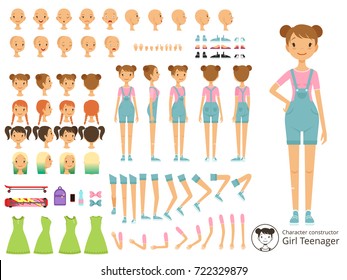 Young smile girl casual style. Mascot creation kit with different body parts. Vector cartoon constructor young girl, do-it-yourself part of body illustration