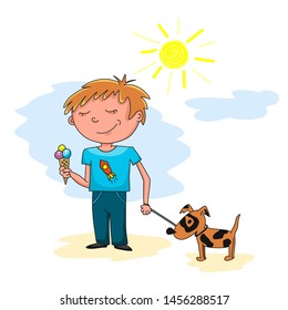 Young smile happy teenage boy walks together with spotted dog on a leash enjoy eats ice cream, sun and clouds on background. Vector illustration colorful isolated on white background