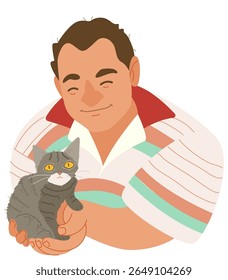 Young smile man holding a small cat in his palms. Vector cartoon illustration isolated on white