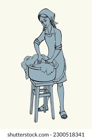 Young smile teen lady kid hold wet clear liquid fun house wife garden job old retro histor outline sketch art. Black line ink drawn cute funny joy pure clean toy dress scarf body white home text space