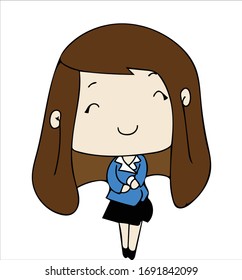 Young smile woman stand welcome and joy hand clasp. Public relations and reception. Blue formal uniform suit clothes. Cartoon chibi character vector.