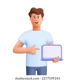 Young smilin man holding and pointing at blank screen laptop computer. Distance and e-learning education concept. 3d vector people character illustration. Cartoon minimal style.
