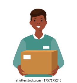 Young smiling African American man keeps parcel. Online delivery and courier service. Logistics concept. Colourful flat cartoon vector illustration isolated on white background.