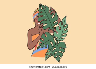 Young smiling African American woman in traditional clothes and turban. Happy black girl with scarf on head look behind leaves trees. Ethnicity and diversity concept. Flat vector illustration. 