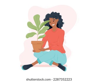 Young smiling African American Woman sitting cross-legged on the floor with a Ficus flower in a Pot. Vector isolated Flat Girl growing plants.