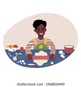 Young smiling african boy cooking food. Meal preparation illustration. Flat style vector.