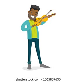 Young smiling african-american musician playing violin. Full length of cheerful violinist with a violin and fiddlestick. Vector cartoon illustration isolated on white background. Square layout.