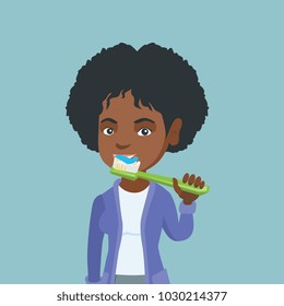Young smiling african-american woman brushing her teeth. Cheerful woman taking care of her teeth. Happy girl with a toothbrush in hand. Vector cartoon illustration. Square layout.