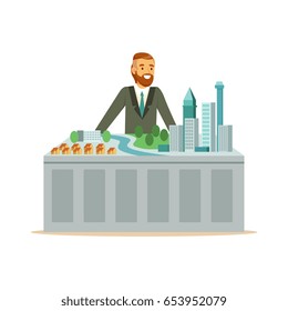 Young smiling architect man presenting model of city plan, colorful character vector Illustration