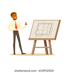 Young Smiling Architect Showing His Project Blueprint On An Easel, Colorful Character Vector Illustration