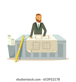 Young smiling architect working on his project at the desk, colorful character vector Illustration