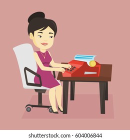 Young smiling asian female journalist writing an article on a vintage typewriter. Concentrated female journalist working on retro typewriter. Vector flat design illustration. Square layout.