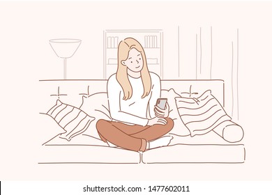 Young smiling attractive woman or girl using a smartphone writes or speaks at home. Concept of communication, comfort, smart. Simple flat vector.