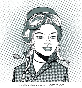 Young smiling aviator. Girl pilot. Woman pilot. Air sport. Smiling pilot. Concept idea of advertisement and promo. Halftone background. Pop art retro style illustration.