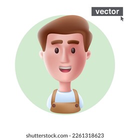 Young smiling barista wearing apron avatar in circle frame. Realistic 3D style vector character illustration in cartoon style. Stunning icon for user person profile, happy ID card, joyful social media