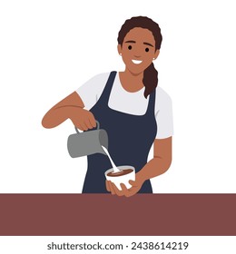 Young smiling barista woman serving coffee pour milkin a coffee cup. Flat vector illustration isolated on white background