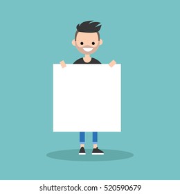 Young smiling bearded guy holding a blank board mock up / Copy space. Your text here. Editable flat vector illustration, clip art