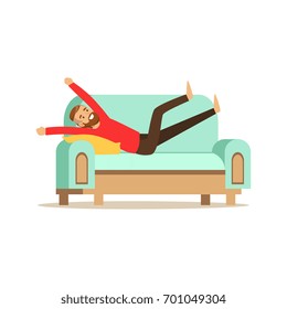 Young smiling bearded man lying on a ligh blue sofa and resting at home vector Illustration