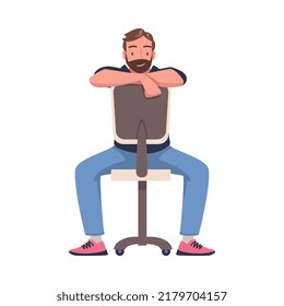 Young Smiling Bearded Man Sitting on Office Chair Vector Illustration