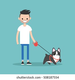 Jovem sorridente homem barbudo andando o cão/ilustração vetorial plana editável