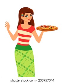 Young smiling beautiful woman cooked classical italian food - pizza. Now girl nicely smiles and offers to eat appetizing pizza. Isolated vector picture in style of anime on white background.