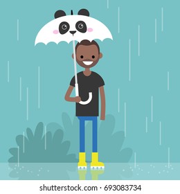 Young smiling black character holding an umbrella with panda muzzle / flat editable vector illustration, clip art