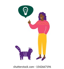 Young smiling black girl pointing a finger on speech bubble with idea sign. Businesswoman have a solution a problem. Cute cat standing near. Cartoon female character on white. Vector.