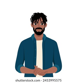 Joven hombre negro sonriente dobló los brazos. Ilustración vectorial plana aislada sobre fondo blanco