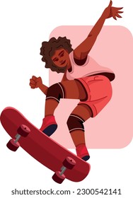Young smiling black power woman riding on skate board vector flat illustration. Girl skateboarding and doing tricks on longboard. Active lifestyle, sport concept.