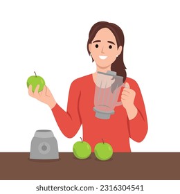 Young smiling black woman making a smoothie or cocktail in a blender from green apple. Flat vector illustration isolated on white background