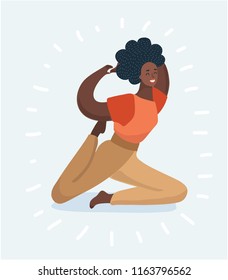 Young smiling black woman is practicing yoga, sitting in Pigeon exercise-pose. Girl has a Afro hairstyle. Vector cartoon illustration in modern concept