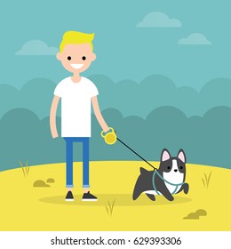 Young smiling blond boy walking the dog / flat editable vector illustration