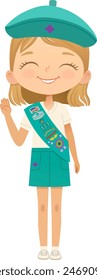 Young smiling blond girl scout wearing sash with badges isolated on white background. Female scouter, Junior ligue Scout Girls troop