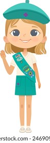 Young smiling blond girl scout wearing sash with badges isolated on white background. Female scouter, Junior ligue Scout Girls troop