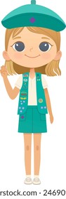 Young smiling blond girl scout wearing vest with badges isolated on white background. Female scouter, Junior ligue Scout Girls troop