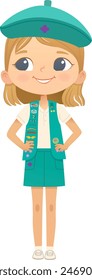 Joven niña rubia sonriente scout con chaleco con insignias aisladas sobre fondo blanco. Mujer scout, Junior ligue Scout Girls tropa