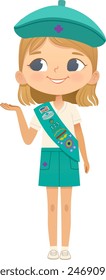 Young smiling blond girl scout wearing sash with badges isolated on white background. Female scouter, Junior ligue Scout Girls troop