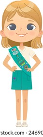 Young smiling blond girl scout wearing sash with badges isolated on white background. Female scouter, Junior ligue Scout Girls troop