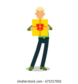 Young smiling blonde man standing with yellow gift box cartoon character vector Illustration