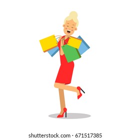 Young smiling blonde woman in red dress standing with with purchases cartoon character vector Illustration