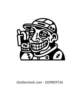 Young smiling boy, guy head with mobile phone, talking on the phone. Black graphic, outline. Concept illustration. Vector, isolated.