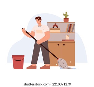 Joven sonriente mopla el estilo plano del piso, ilustración vectorial aislada en fondo blanco. Hombres haciendo tareas domésticas, limpieza y limpieza, cubos y moldes, tareas domésticas
