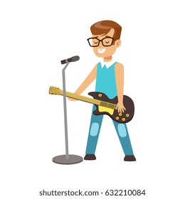 Young smiling boy playing guitar and singing with microphone. instrument, music lesson. Colorful character vector Illustration