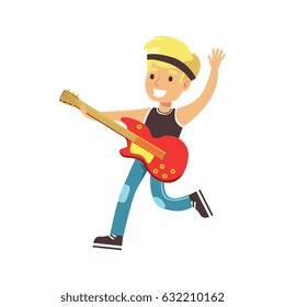 Young smiling boy playing guitar. Colorful character vector Illustration